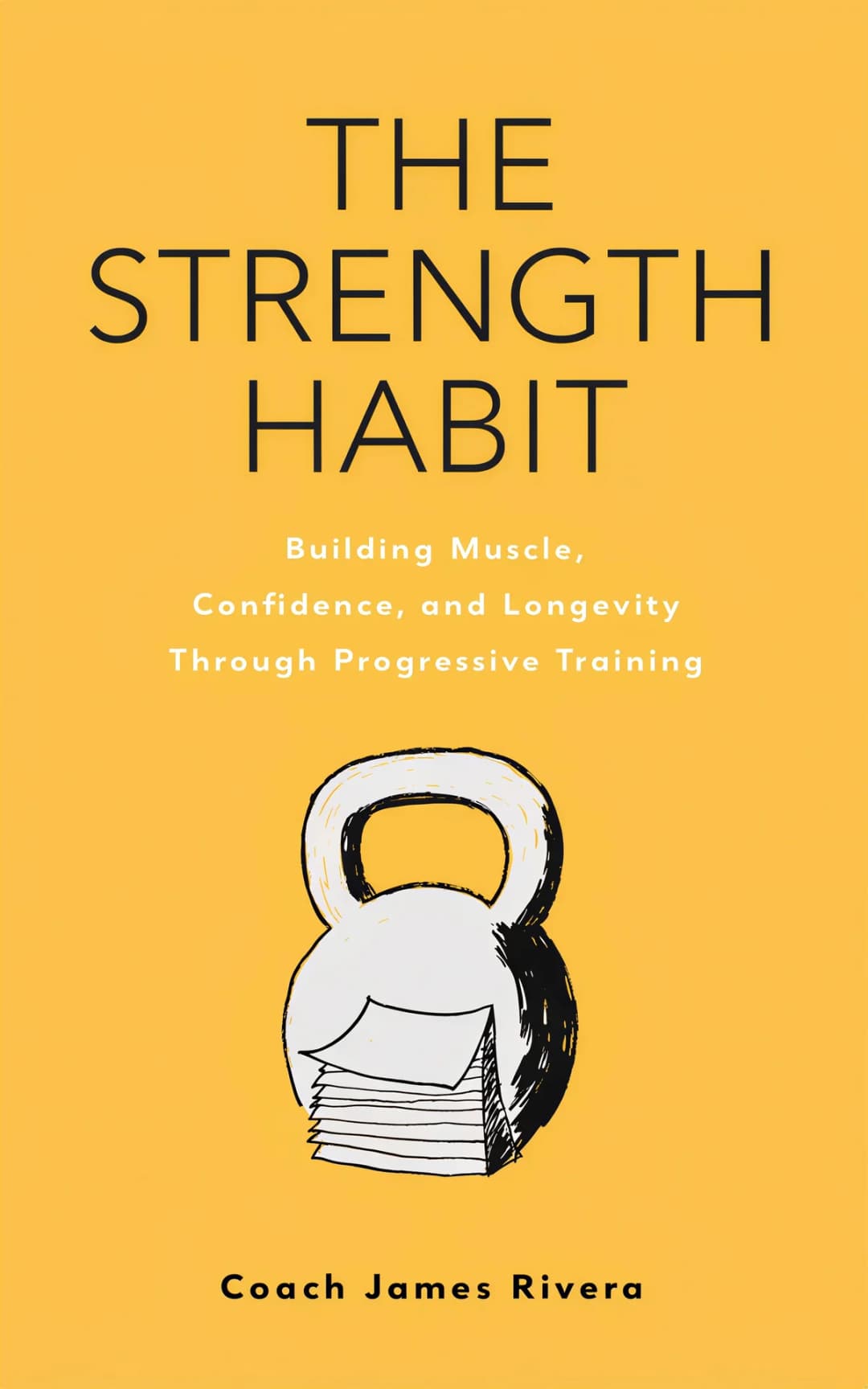 AI book cover generator health & fitness self-help illustration: kettlebell with muscle detail on golden yellow background for "The Strength Habit".