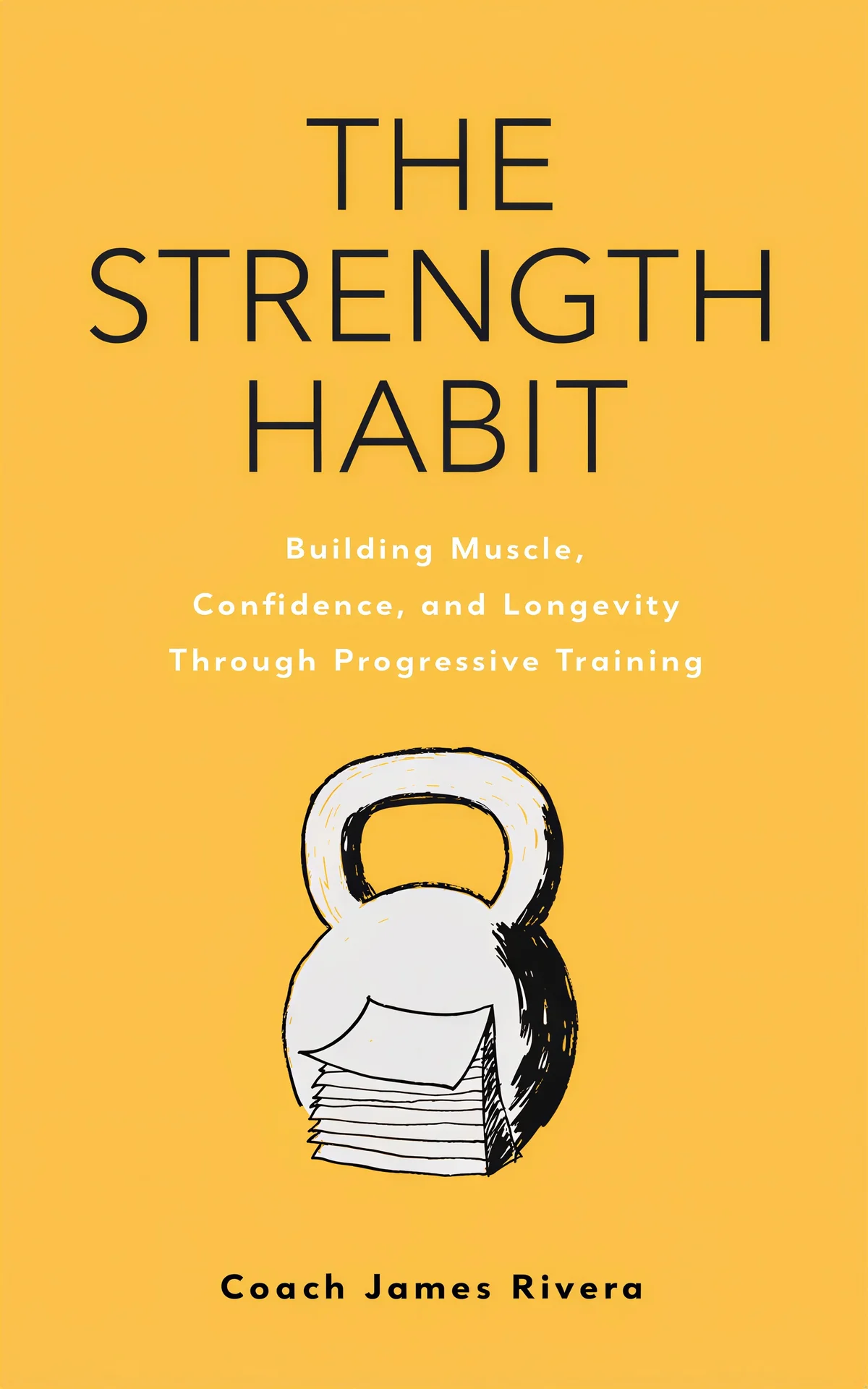 AI book cover generator health & fitness self-help illustration: kettlebell with muscle detail on golden yellow background for "The Strength Habit".