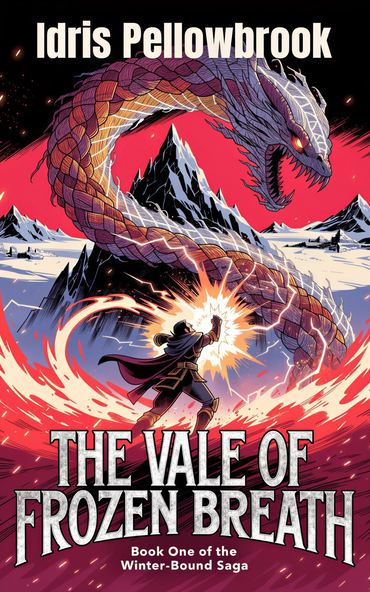 AI book cover generator fantasy illustration: A magical hero fighting a giant serpentine monster for "The Vale of Frozen Breath".