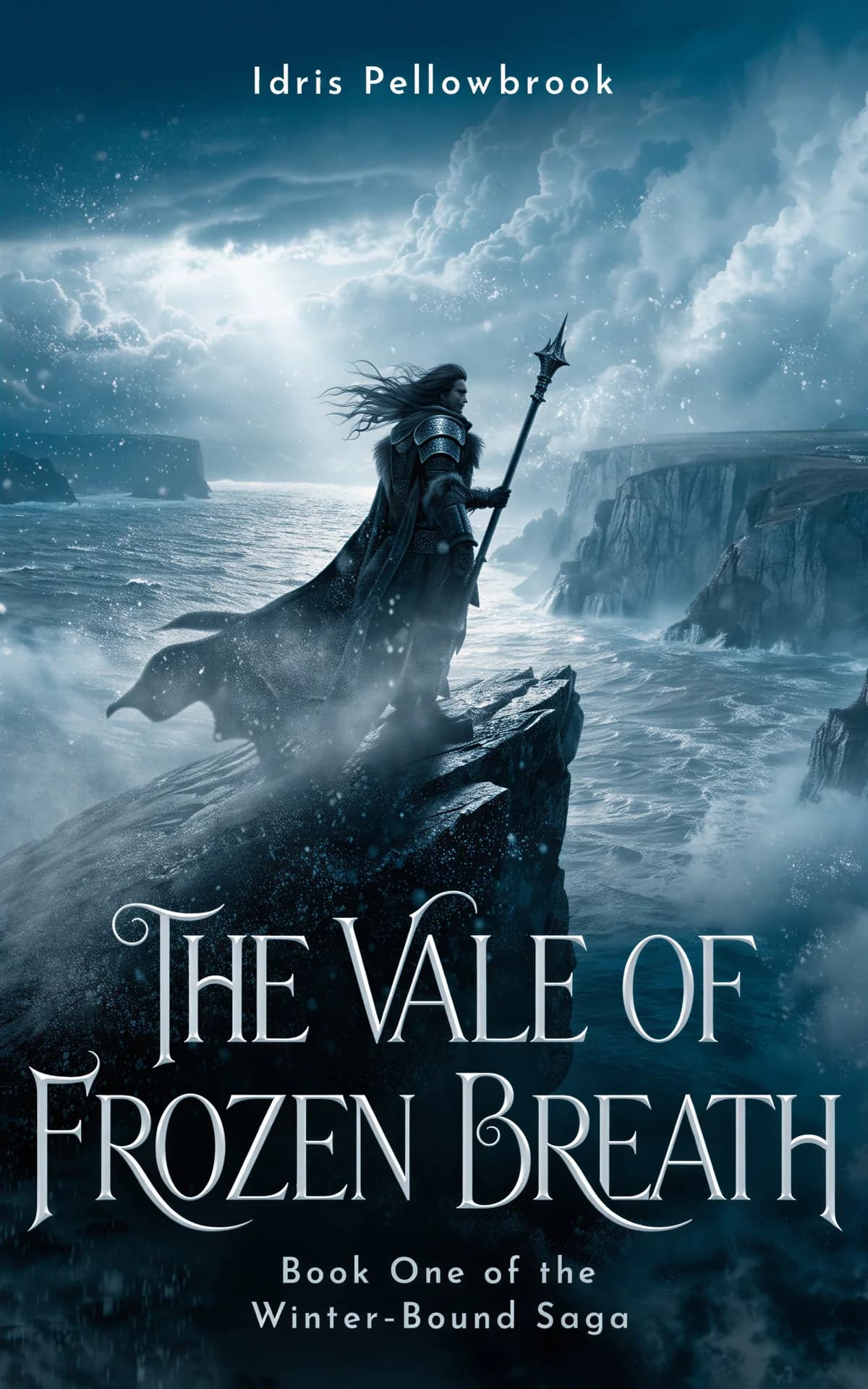 AI book cover generator fantasy photoreal: A warrior standing on a snowy cliff overlooking a stormy sea for "The Vale of Frozen Breath".