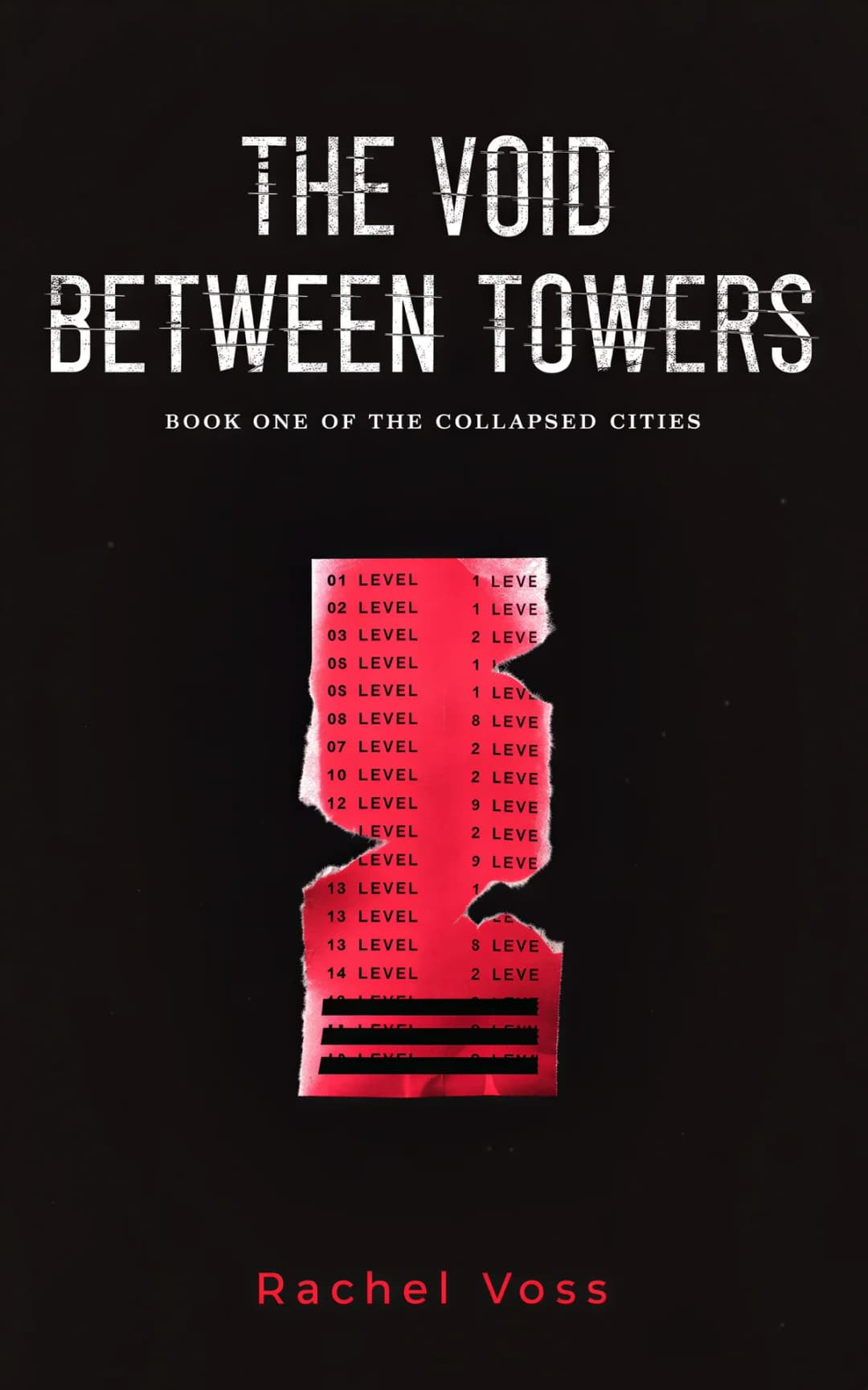 AI book cover generator science fiction dystopian-symbol: vertical tower structure with red gradient levels and black void sections for 'The Void Between Towers'.