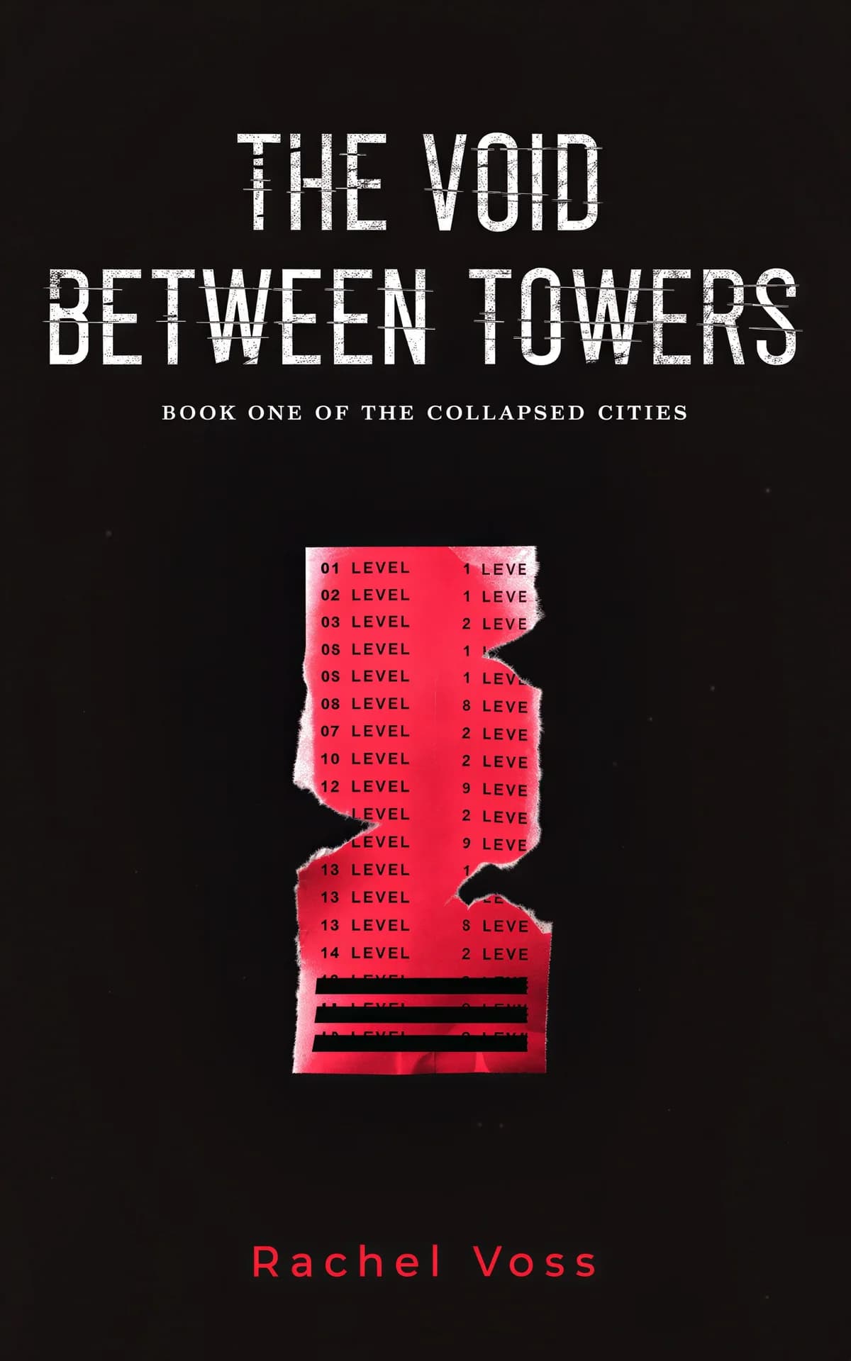 AI book cover generator science fiction dystopian-symbol: vertical tower structure with red gradient levels and black void sections for 'The Void Between Towers'.