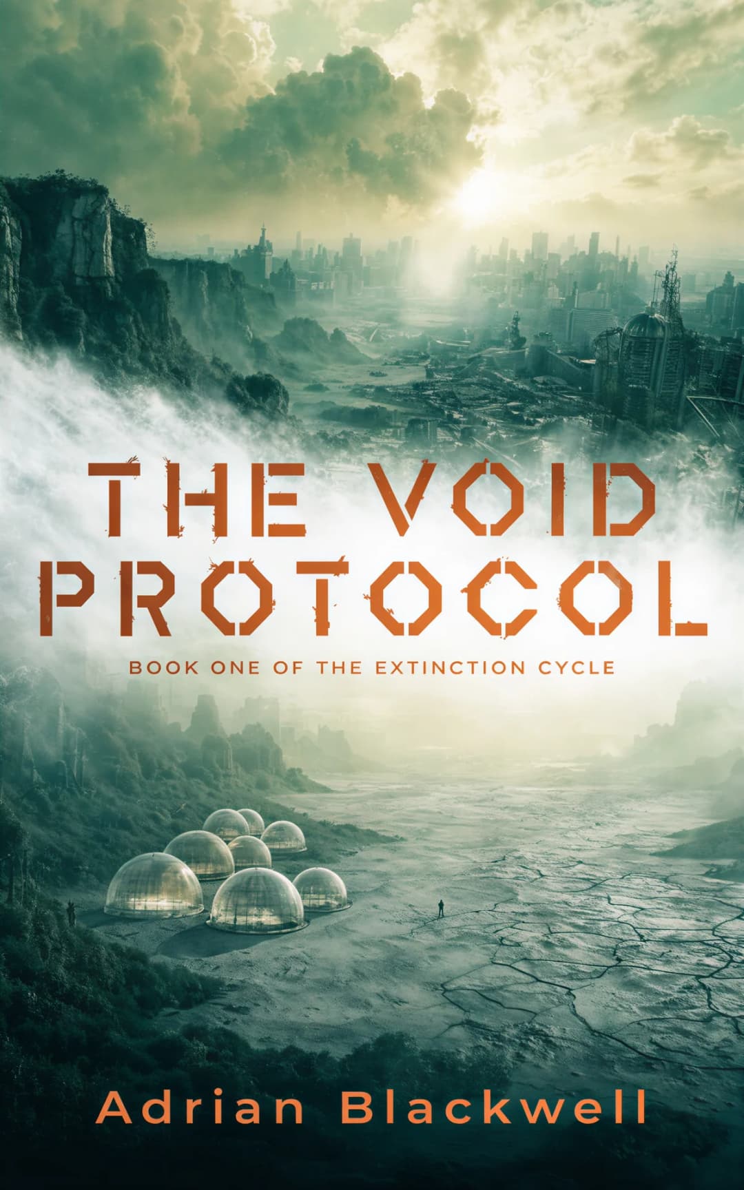 AI book cover generator science fiction dystopian-ruined-world-vista: post-apocalyptic cityscape with protective domes and cliff formations overlooking devastated landscape for "The Void Protocol".