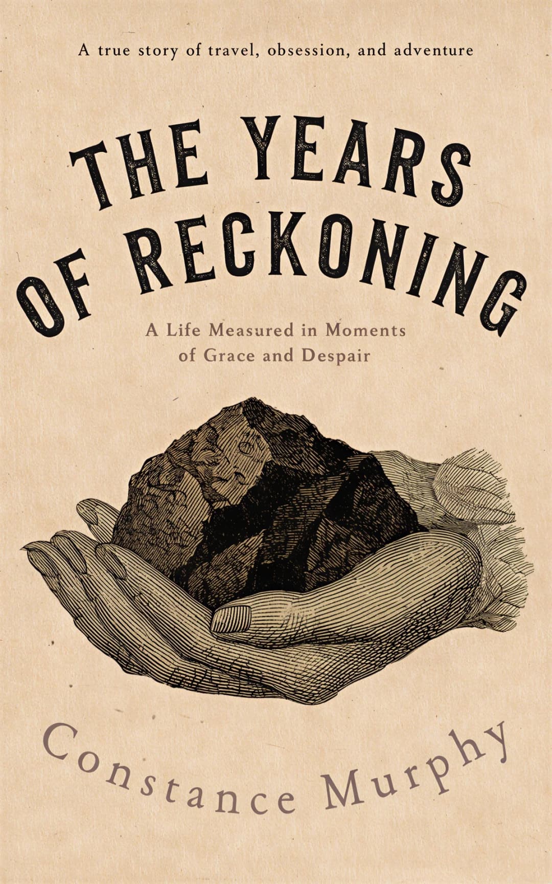 AI book cover generator biography engraving narrative: mountain cradled in hands with classical line-work illustration for 'The Years of Reckoning'