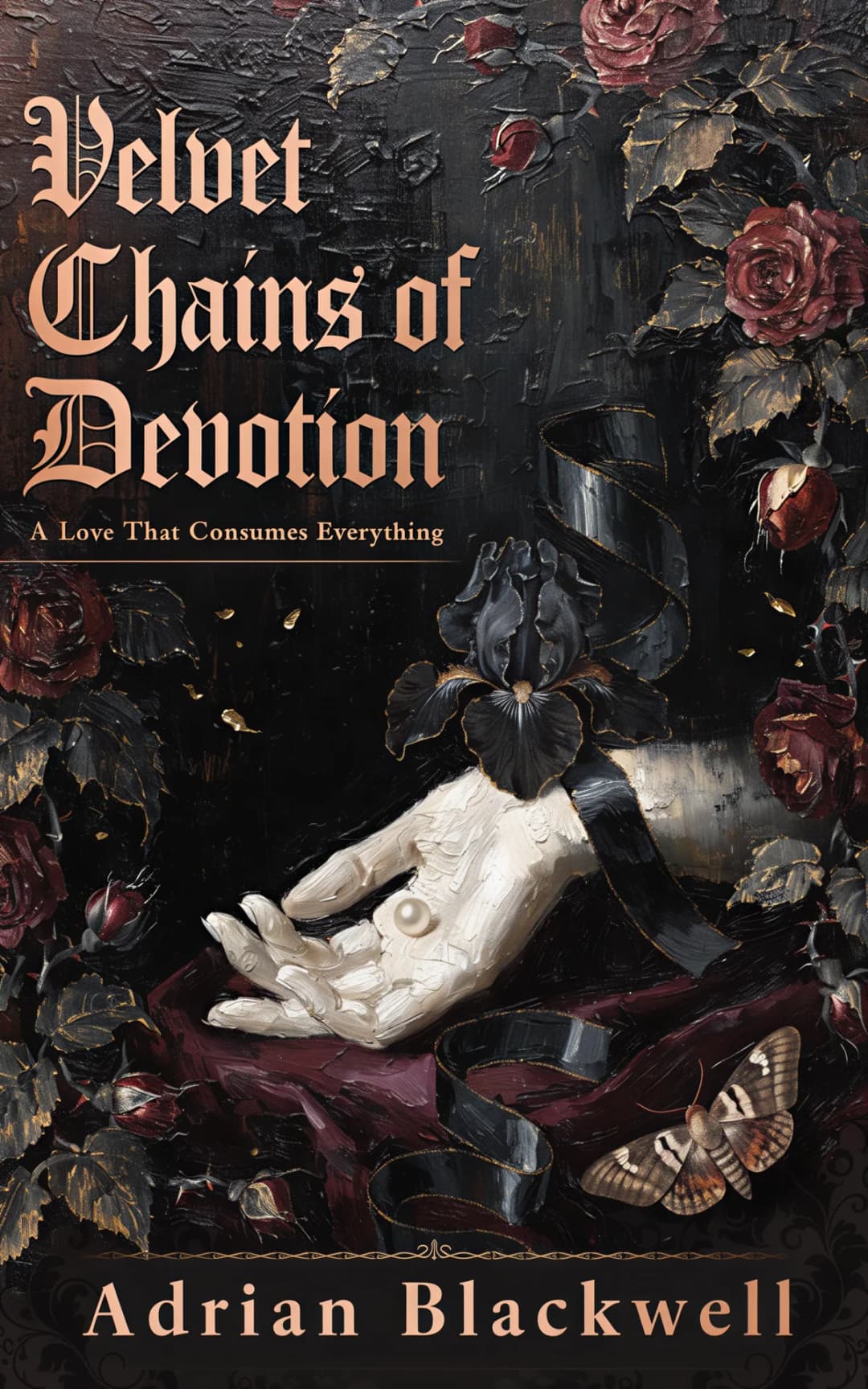 AI book cover generator dark romance bloom: pale hand holding black iris surrounded by crimson roses and moths on dark textured background for "Velvet Chains of Devotion".
