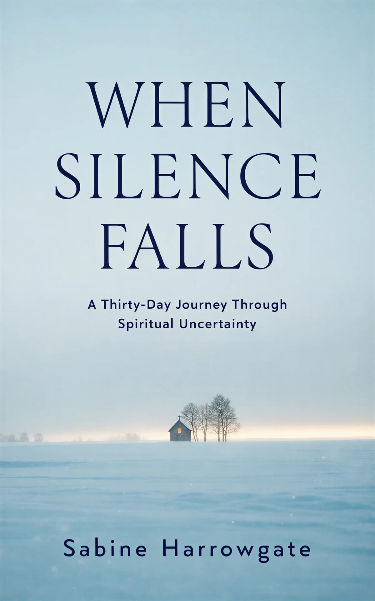 AI book cover generator religion & spirituality photoreal: A lonely snow-covered cabin with a glowing window in a vast winter landscape for "When Silence Falls".