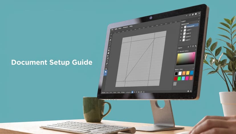 A computer monitor displaying design software on a desk, next to a coffee mug and plant.