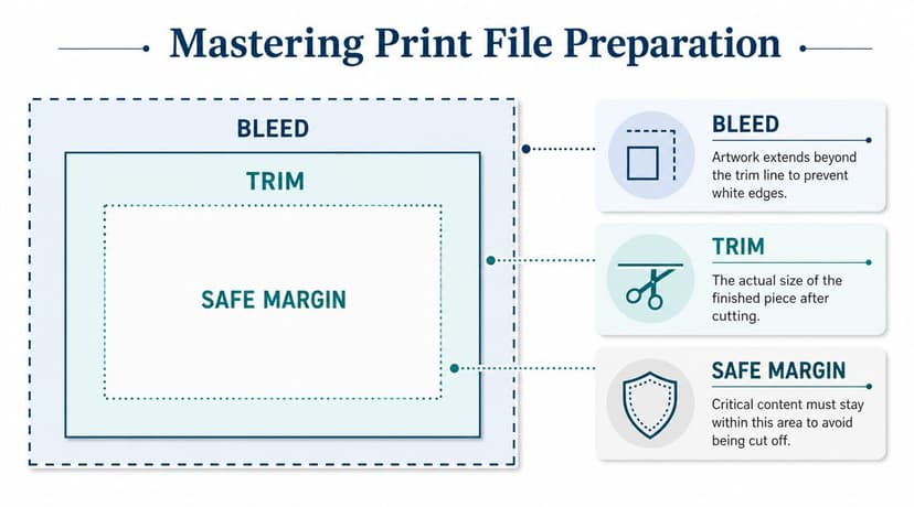 A diagram illustrating print file preparation including bleed, trim, and safe margin zones for document design.