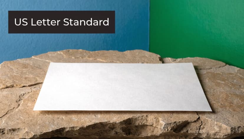 A blank US Letter size sheet of white paper placed flat on a rough, natural stone surface.