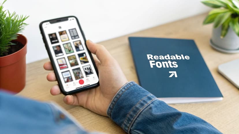 A person holds a smartphone displaying multiple album covers, next to a blue book titled "Readable Fonts" and a potted plant on a wooden desk.
