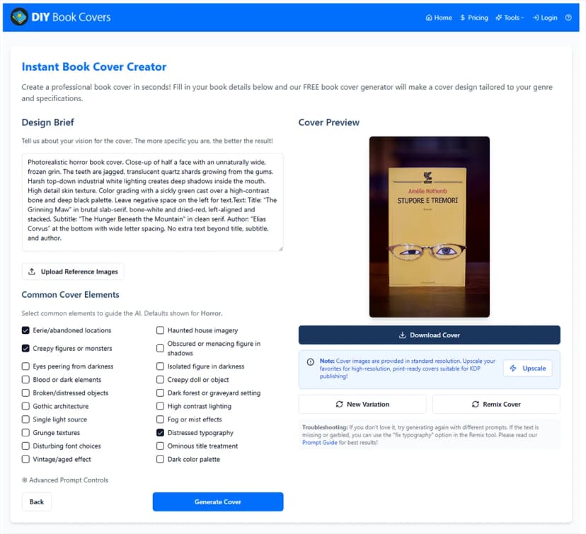 App screenshot of DIY Book Covers showing the interface and generic image results.