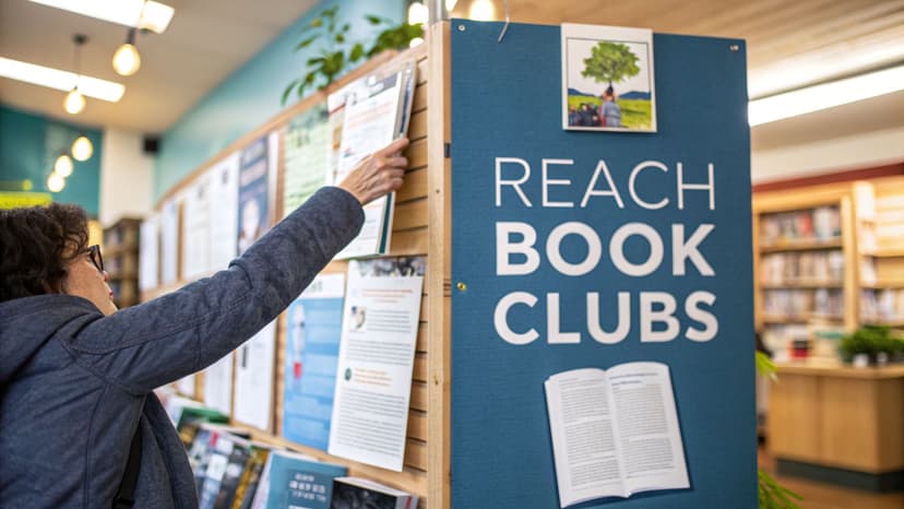 A person reaches for a flyer on a wooden display stand advertising 'REACH BOOK CLUBS'.