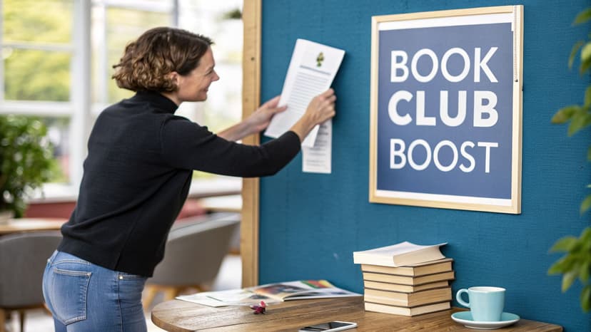 A woman posts a flyer on a blue bulletin board next to a 'Book Club Boost' sign and books.