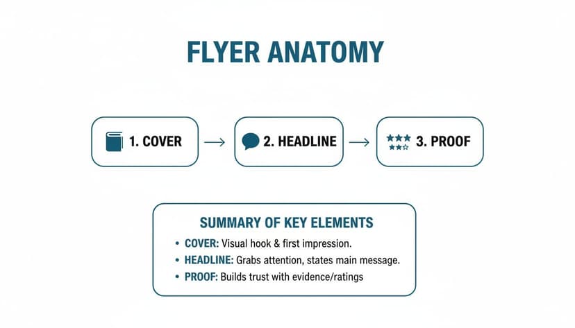 Flyer anatomy diagram illustrating the three key elements: Cover, Headline, and Proof, with a detailed summary.