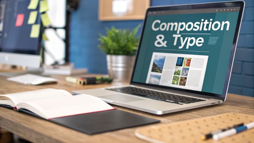 Modern workspace with a laptop showing graphic design content, an open book, and office items.