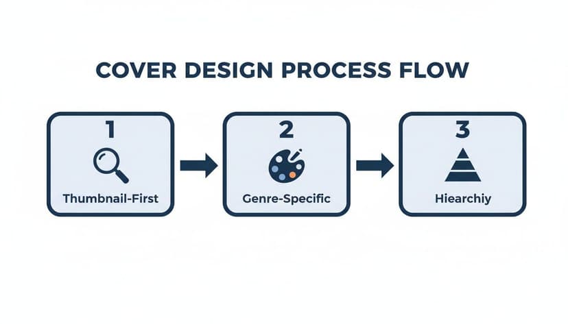 A three-step process flow for cover design, including thumbnail-first, genre-specific, and hierarchy stages.