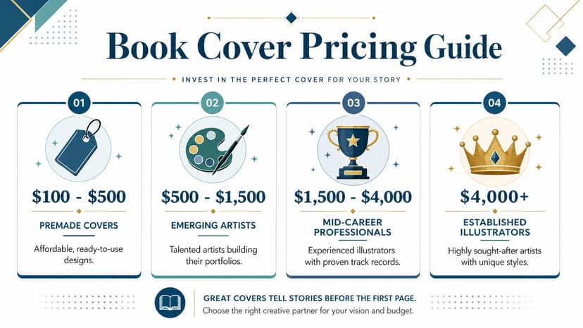 A professional infographic titled Book Cover Pricing Guide showing cost tiers for different types of illustrators.