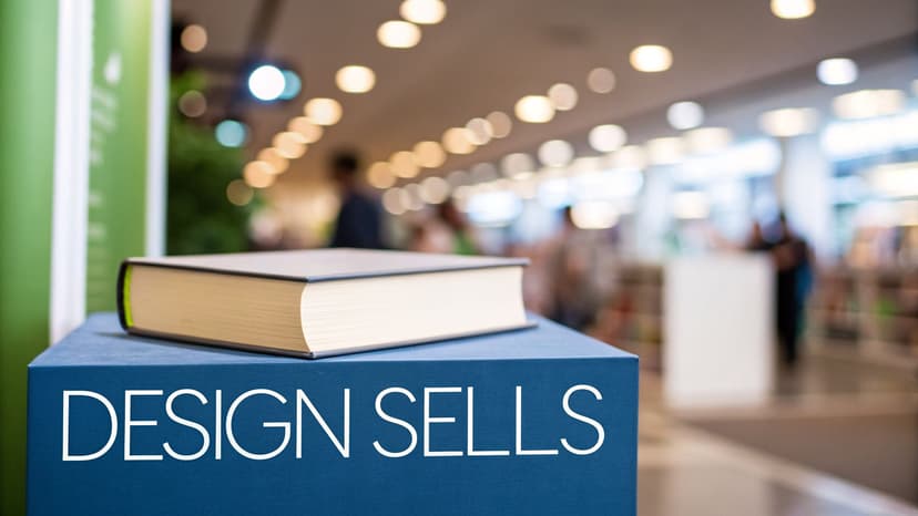 A book resting on a blue display stand with the text 'DESIGN SELLS' in a blurred bookstore.