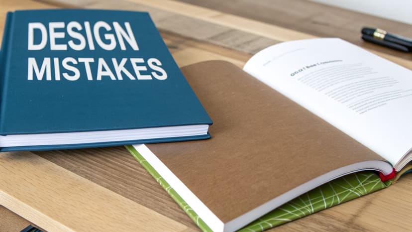 Two hardcover books on a wooden table, one blue and titled 'DESIGN MISTAKES', next to an open brown book with a green cover.
