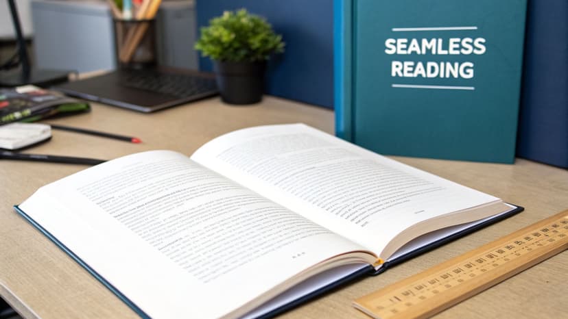 An open textbook on a wooden desk, with a “Seamless Reading” book and office supplies.