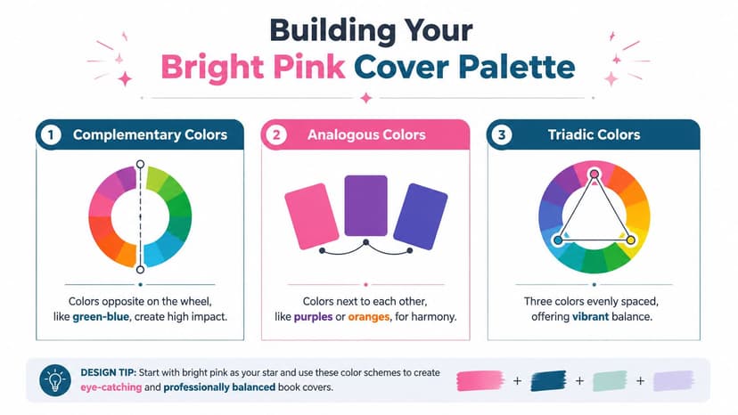 An educational infographic illustrating three color schemes for book cover design featuring bright pink as a focal color.