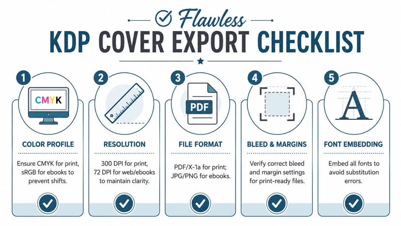 An infographic checklist for KDP cover exports covering color profiles, resolution, file formats, bleeds, and fonts.