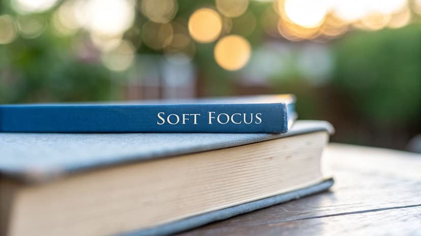 Two books stacked on a wooden table, the top one titled 'Soft Focus', with a blurred outdoor background.
