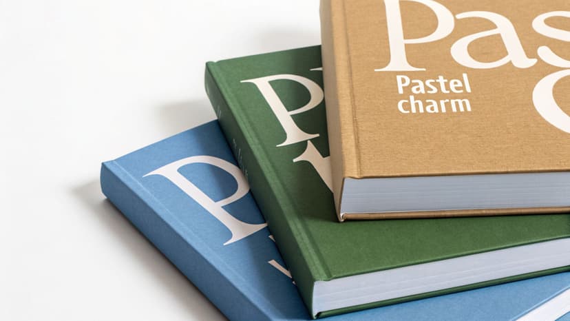 Three stacked hardcover books in beige, green, and blue, with 'Pastel charm' visible on top.