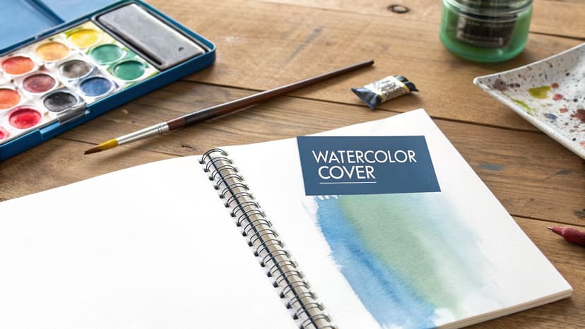 A top-down view of art supplies on a wooden desk, including a watercolor palette, brush, and an open sketchbook with a watercolor painting.