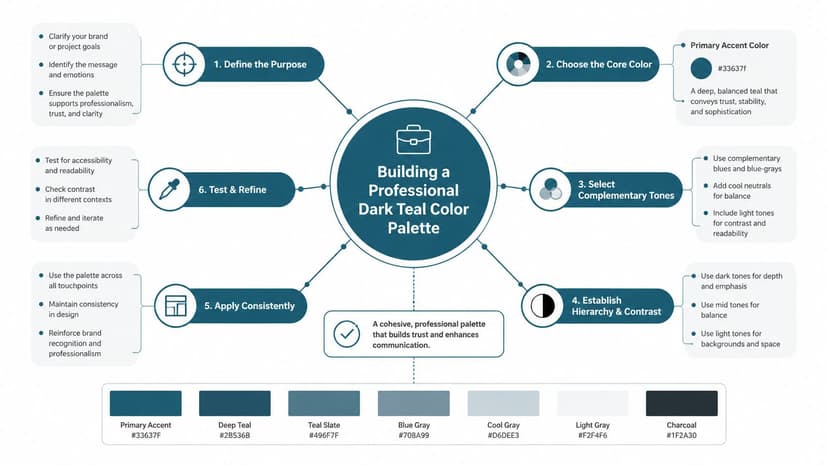 A professional infographic illustrating the six steps to building a cohesive dark teal color palette.