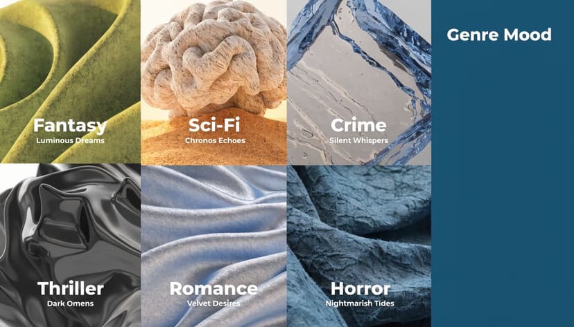 A grid collage representing various film genres with abstract textures, colors, and titles like Fantasy and Horror.