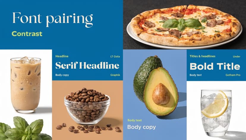 A design composition showing food photography examples paired with various typography styles and font names.