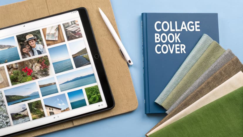 A tablet displaying a photo collage, next to a blue 'Collage Book Cover' and fabric samples.