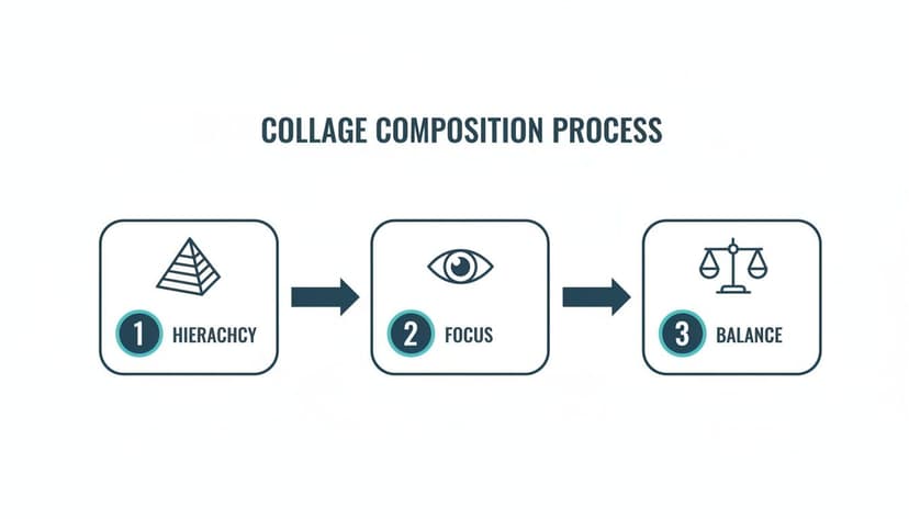 A flowchart illustrates the collage composition process with three steps: Hierarchy, Focus, and Balance, each with an icon.