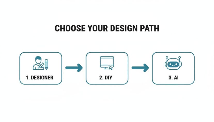 A flowchart presenting three distinct design paths: Designer, DIY, and AI options.