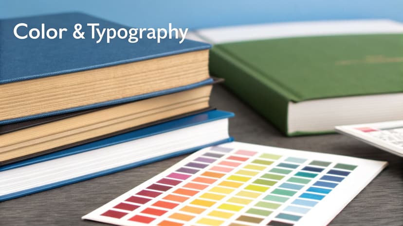 A stack of blue books, a color palette card, and a green book in the background with 'Color & Typography' text.
