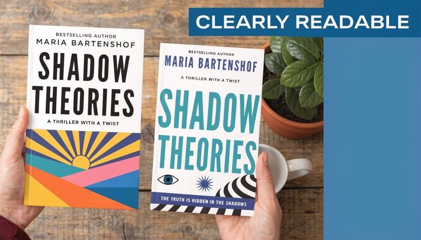 A person holds two different book covers titled Shadow Theories by Maria Bartenshof against a wooden background.