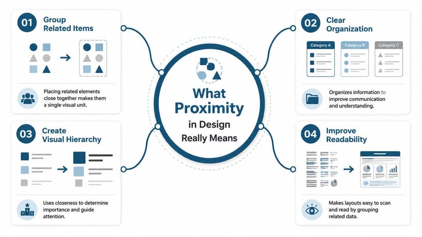 An infographic titled What Proximity in Design Really Means showing four core benefits of using proximity.
