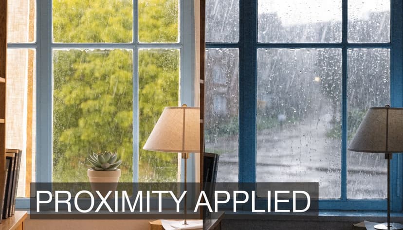 A split image showing a sunny green garden versus a rainy urban street, demonstrating design proximity principles.