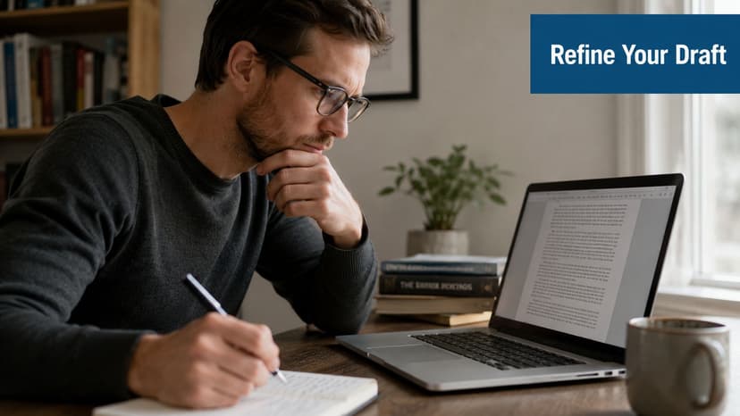 A focused man wearing glasses writing in a notebook while working on his laptop at home.