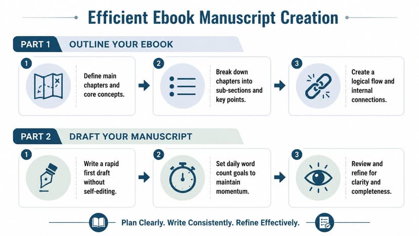 An infographic titled Efficient Ebook Manuscript Creation outlining steps to outline and draft a professional book.