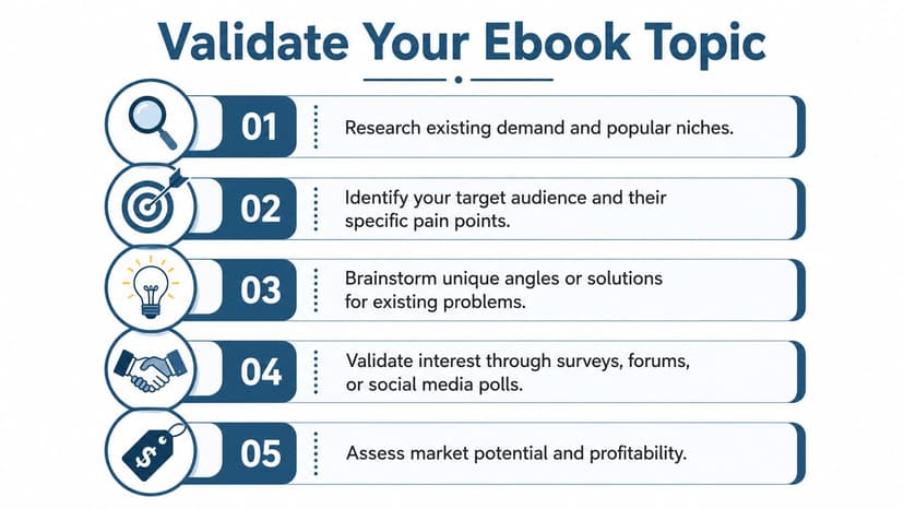 A five-step infographic showing how to validate your ebook topic for market success and profitability.