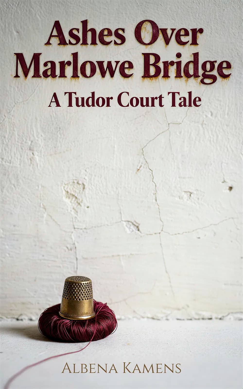 AI book cover generator historical fiction minimal: thimble resting on thread against aged wall for "Ashes Over Marlowe Bridge".