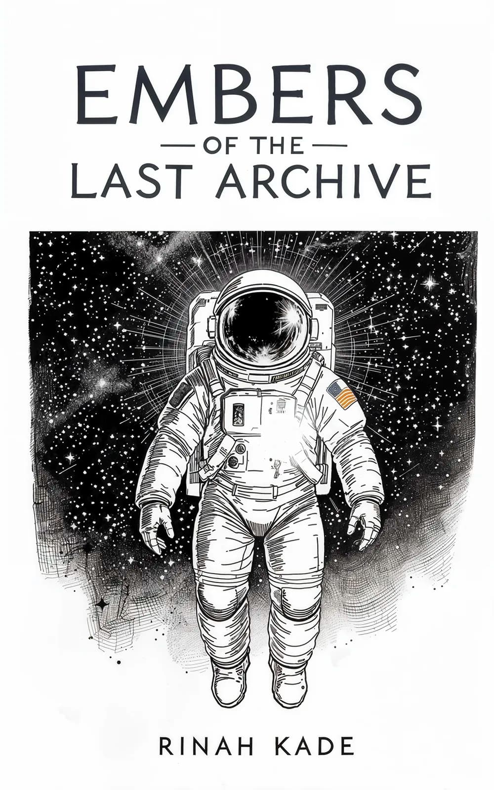 AI book cover generator sci-fi illustration: black and white astronaut in cosmic space for "Embers of the Last Archive".