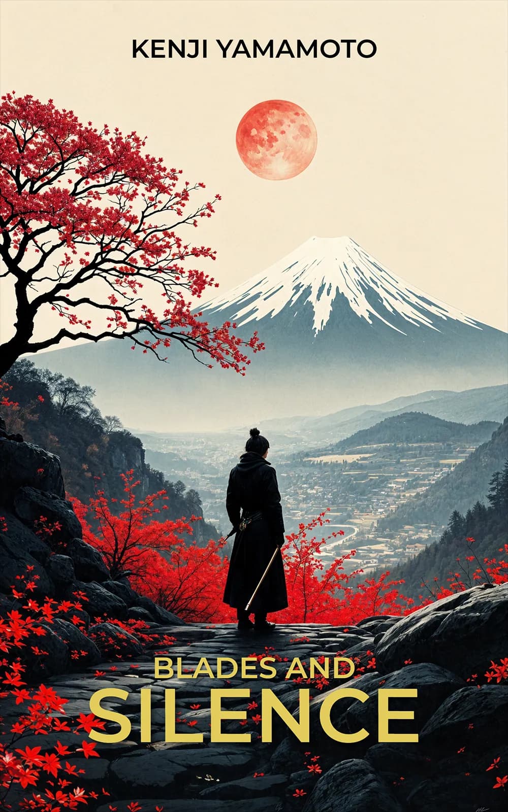 AI book cover generator piece: lone samurai overlooking Mount Fuji and crimson maples in "Blades and Silence".