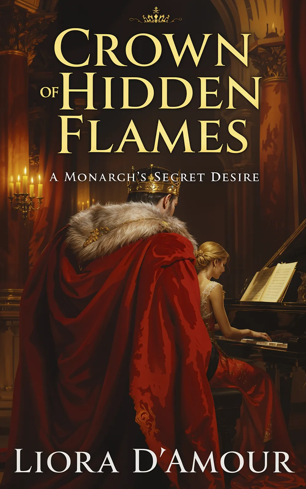 AI book cover generator fantasy photoreal: crowned king watching a woman play piano in candlelit hall for "Crown of Hidden Flames".