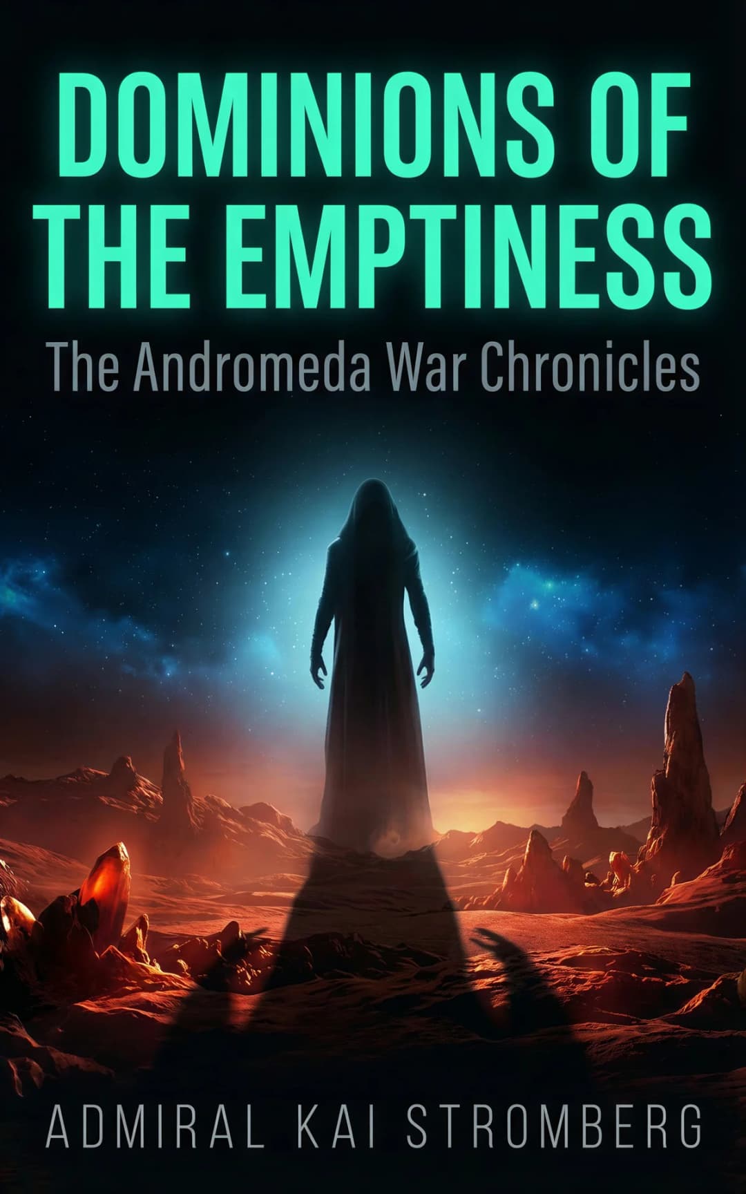 AI book cover generator science-fiction dark-moody-portrait: hooded figure silhouette standing on alien desert landscape with glowing blue sky and red rocky terrain for "Dominions of the Emptiness".