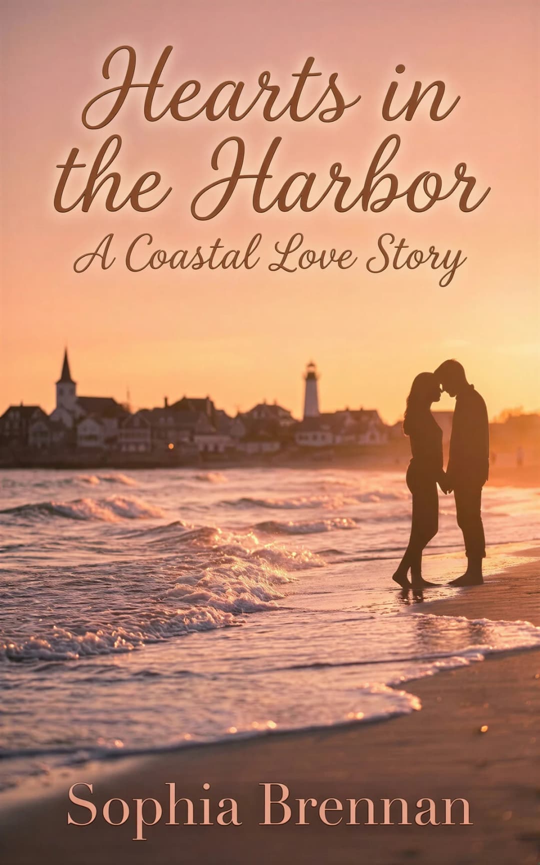 AI book cover generator romance photoreal: silhouetted couple embracing on beach at golden sunset with coastal harbor lighthouse in background for "Hearts in the Harbor".