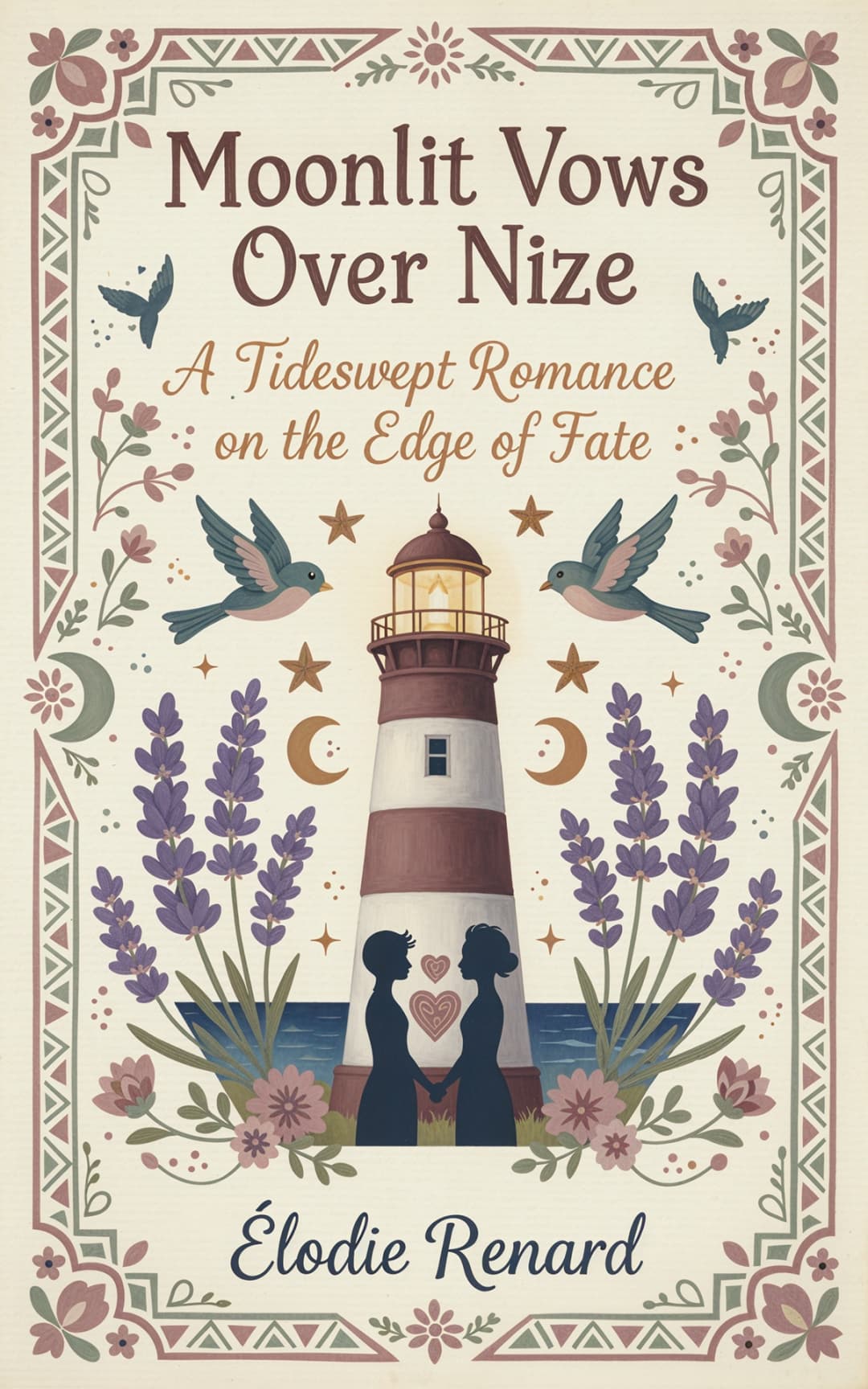 AI book cover generator romantic illustration: lighthouse, birds, flowers, and couple silhouettes for "Moonlit Vows Over Nize".