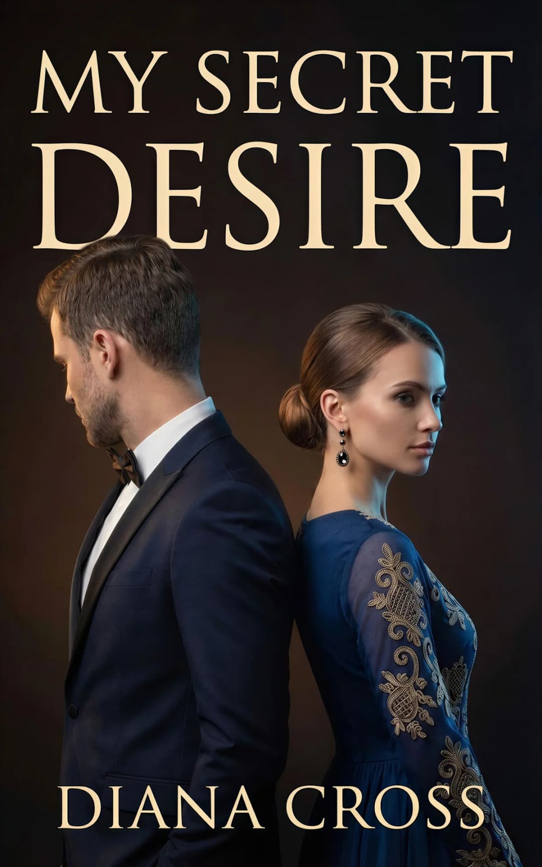 AI book cover generator romance dark-moody-portrait: two elegantly dressed figures in profile against dark background for "My Secret Desire".